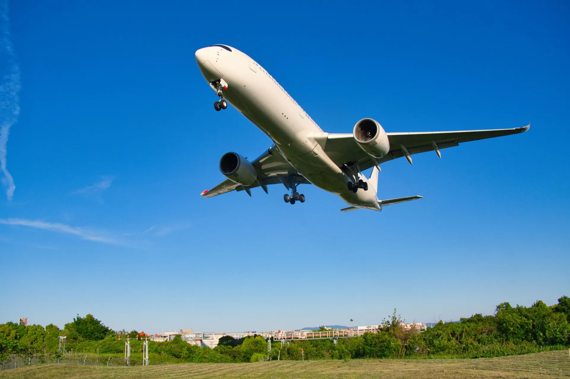 千里川土手付近の上空を飛ぶ飛行機